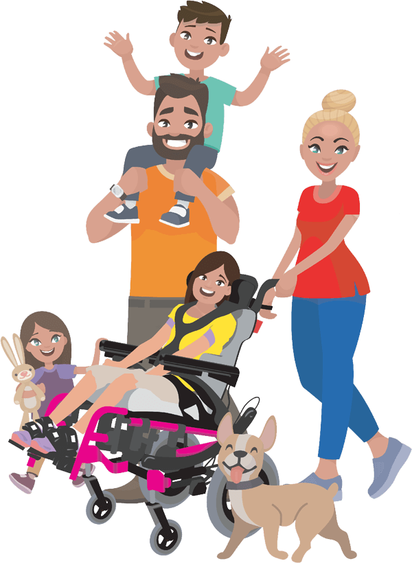 The illustration of a happy family and a dog.